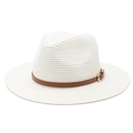 White woven straw fedora sun hat with brown leather band and gold metal buckle detail - M (56-58cm) / White