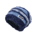 Winter striped faux fur beanie in navy and light blue with a stylish knitted texture - Blue