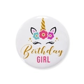 Close-up of unicorn Birthday Girl tinplate badge with colorful floral and gold horn design - Style 5