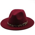 Close-up of wine red fedora hat with leopard print band and gold buckle detailing - M (56-58cm) / Burgundy