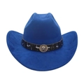 Navy blue western cowboy hat featuring a leather band and golden lion head ornament - One Size / Royal Blue (Lion Head)
