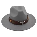 Detail of grey felt cowboy hat featuring leather band with bull skull and metal badges - One Size(Adjustable) / Light Gray