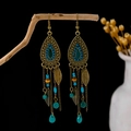 Bohemian tassel earrings with turquoise beads and bronze leaf pendants on wood - Bronze + Turquoise Blue Tassel (E5836-2/Blue)