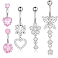 5-piece belly button ring set with heart-shaped zircon stones and silver dangles - Silver 5-Piece Set