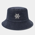 Close-up of anchor embroidery on navy washed cotton bucket hat with stitching detail - One Size / Navy Blue