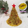 Sparkling gold tinsel Christmas tree hat with red pom-poms and a yellow fabric lining - Gold With Red Star Red Balls