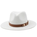 Cappello da sole classico Panama bianco con fascia in cuoio marrone e fibbia oro - M (56-58cm) / Bianco Puro (Decorazione con Anello in Metallo)