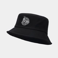 Dettaglio di un cappello da pescatore in cotone nero con logo circolare bianco e cuciture - Design a Distintivo Circolare Nero