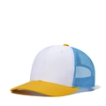 Three-color mesh trucker hat with white front, blue mesh, and yellow curved brim - Adjustable / White + Gold + Columbia Blue Mesh