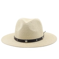 Sombrero de paja estilo cowboy con ala ancha y banda de cuero con estrellas para mujer - M (56-58cm) / Beige
