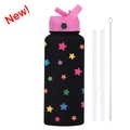 Borraccia sportiva 1L nero opaco con stelle colorate e tappo rosa con cannuccia - Nero 9W