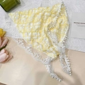 Yellow and white plaid seersucker head scarf with delicate lace and pom-pom trim - Plaid Lace Trim / Plaid Yellow