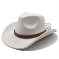 Detail of western cowboy wool fedora featuring a patterned brown leather band on beige felt - M (56-58cm) / Milk White Suede