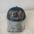 Detailed close-up of blue denim baseball cap featuring vibrant rhinestone sexy lettering - Adjustable / Denim No.3 (Deep Blue)