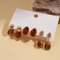 Set di 3 paia di orecchini vintage in resina ambrata con dettagli in metallo dorato - Perno in Argento - Caffè (HE30172-1) / Caffè (Set di 3 paia/6 pezzi)
