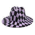 Detail shot of purple and black checkered fedora hat featuring soft wool felt texture - M (56-58cm) / Black and Purple Grid