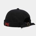 Detail of black docker cap with red bow embroidery and adjustable metal buckle strap - Black