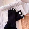 Elegant black knit crew socks featuring decorative white pearls and flower embellishments - One Size (EU 34-39) / Black