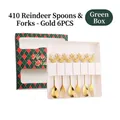 Juego de cubiertos navideños dorados de 6 piezas con cucharas y tenedores de alce en caja de regalo - Juego de 6 Piezas de Cuchara y Tenedor de Alce en Acero 410 (Caja Verde) / Oro