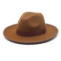 Classic brown wide brim wool fedora with ribbon trim and leather-wrapped edge for men and women - M (56-58cm) / Khaki