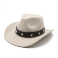 Detail of beige felt cowboy hat showing leather band with silver star metal rivets - M (56-58cm) / Beige