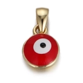 Close-up of gold-plated red heart devil eye pendant charm with enamel details - Red Evil Eye Pendant
