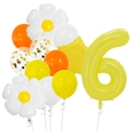 Daisy theme 6th birthday balloon set with yellow number 6 and white flower foil balloons - Number Six Daisy Star and Latex Balloon Mix