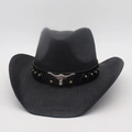 Western black woven straw cowboy hat with metallic bull skull and gold studs trim - Black (Black Bull Decor)
