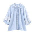 Camicetta azzurra con maniche a lanterna, ricamo in pizzo bianco e dettaglio fiocco - XS / Azzurro