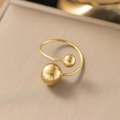 Polished 18K gold plated titanium steel open ring with unique double ball design detail - Big and Small Ball Ring