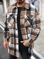 Men's long sleeve plaid shirt jacket in brown and black flannel with chest pockets - S / Khaki