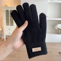 Women's black knitted thermal gloves with premium leather label for winter warmth - Open Finger Candy Color Black