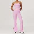 Pink two-piece yoga set with tube top and high-waisted flared leggings for women - S / Tank + Long Pants / Sakura Pink