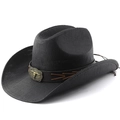 Cappello da cowboy in paglia nera con fascia in pelle marrone e fibbia a teschio di toro - M (56-58cm) / Tutto Nero