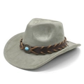 Detail of grey faux suede jazz hat with brown woven band and turquoise stone accent - M (56-59cm) / Army Green (Faux Suede)