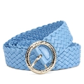 Light blue braided PU leather wide belt featuring a round gold engraved metal buckle - Sky Blue