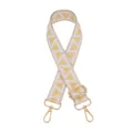 Close-up of geometric woven shoulder strap with gold metal hooks and adjustable buckle - V-27 White Yellow Dots
