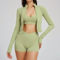 Driedelig yoga-set in avocadogroen met crossover-short met hoge taille en jack met rits - S / Bonengroen
