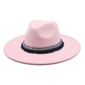 Close-up of pink felt fedora featuring ethnic style woven band and blue fringe detail - M (56-58cm) / Pink