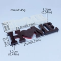 Detailed size specifications for HOME word resin mold and finished heart letter piece - Home / White
