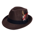 Cappello fedora classico in lana marrone scuro con nastro nero e piuma su sfondo bianco - Taglia Unica M / caffè