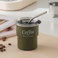 Army green stainless steel camping coffee cup with straw and transparent lid - Cup + Lid + Straw / Green