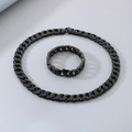 Black 15mm Cuban link chain necklace and bracelet set in polished stainless steel - Black Zirconia Set