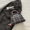 Borsa tote in lana scozzese grigia con manico in legno e tracolla in pelle nera - Nero
