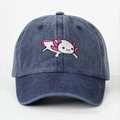 Faded navy denim baseball cap with cute pink axolotl embroidery on front - One Size / Navy Blue