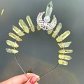 Detailed view of handmade crown featuring raw yellow crystals and crescent moon with pearls - Crown Hairband / Yellow