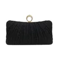 Elegant black pleated evening clutch bag with sparkling fabric and gold rhinestone ring - Black