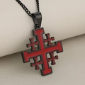Black stainless steel Jerusalem cross necklace with red enamel finish on beige paper - Single Pendant Black
