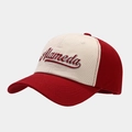 Detailed close-up of Alameda 3D embroidery on two-tone cotton canvas baseball cap - Burgundy