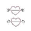 Pair of silver heart nipple rings with pink zircon stones and straight barbell design - Standard Nipple Rings Pair